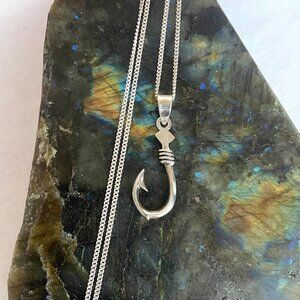 Unisex Sterling Silver 925 Fish Hook Fisherman Pendant Necklace 20" Curb Chain